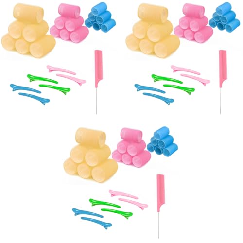 MAYCREATE® Heatless Hair Curler Roller Kit 3 Sizes Self Grip Magic Clips for Long Medium Short Hair with 6 Bang Clips 1 Stainless Steel Comb 3PCS