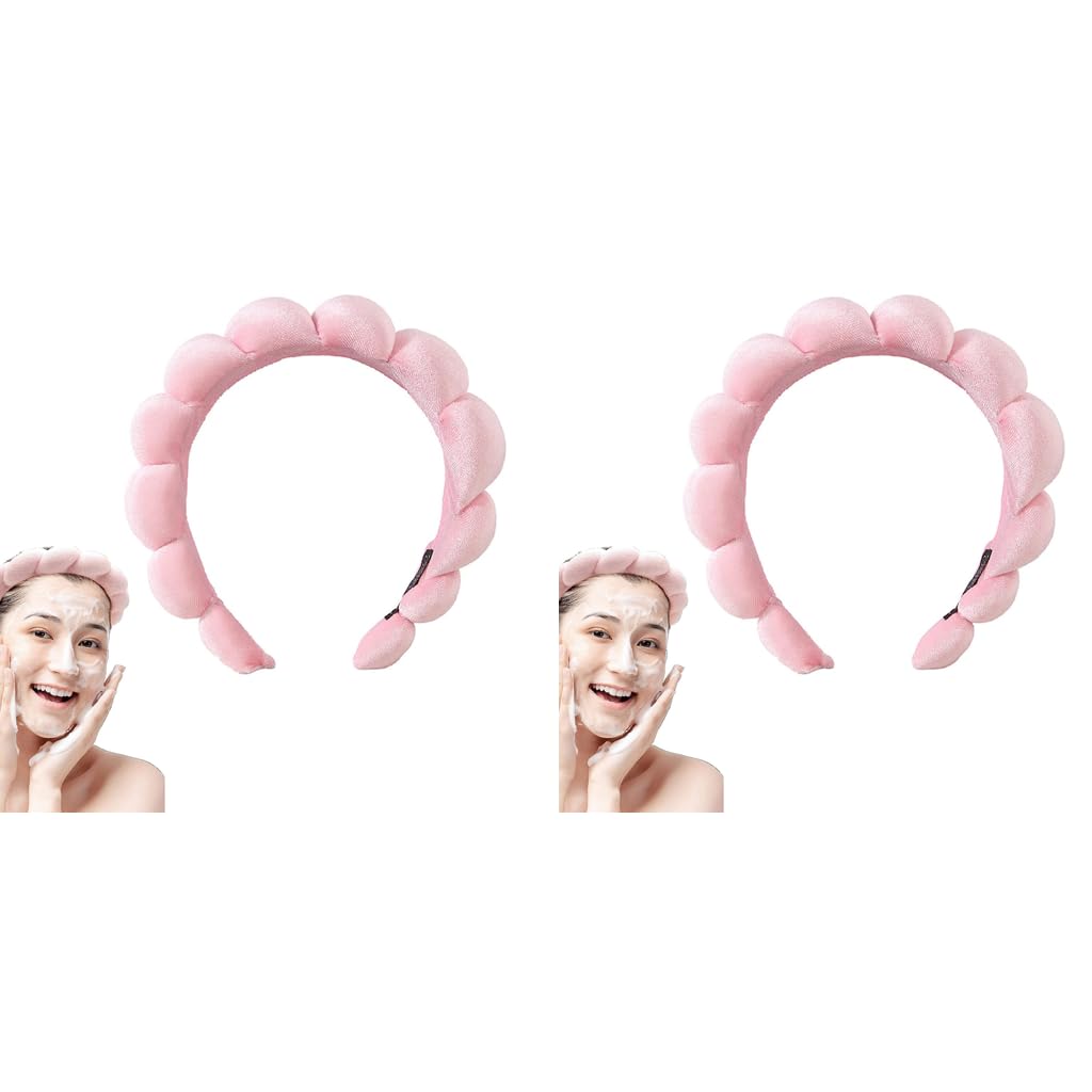 MAYCREATE Spa Headband for Makeup and Face Washing featuring Soft Sponge Clouds Design | 2PCS Pink Set