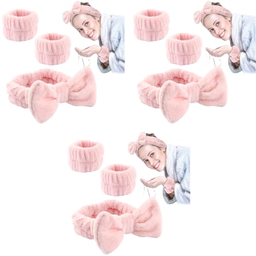 MAYCREATE® Face Wash Headband & Wristband Set, Soft Stretchy Bowknot Headband for Women Girls, Flannel Super Absorbent Sweat Wrist Towel Band for Washing Face, Makeup, Yoga, Fitness (Pink) 3 PCS