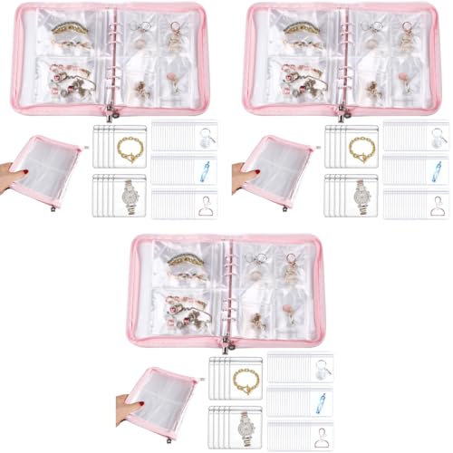 MAYCREATE® Transparent Jewelry Storage Book Anti Oxidation Organizer Bag with 60 Pockets for Bracelets Necklace Rings Pink Metal 3 PCS