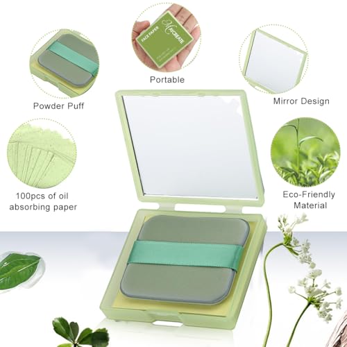 MAYCREATE® 300PCS Face Oil Blotting Paper for Oily Face, Natural Oil Absorbing Sheets for Face, Portable Bamboo Carbon Linen Face Wipes for Oily Skin, Built-in Mirror & Powder Puff Pad