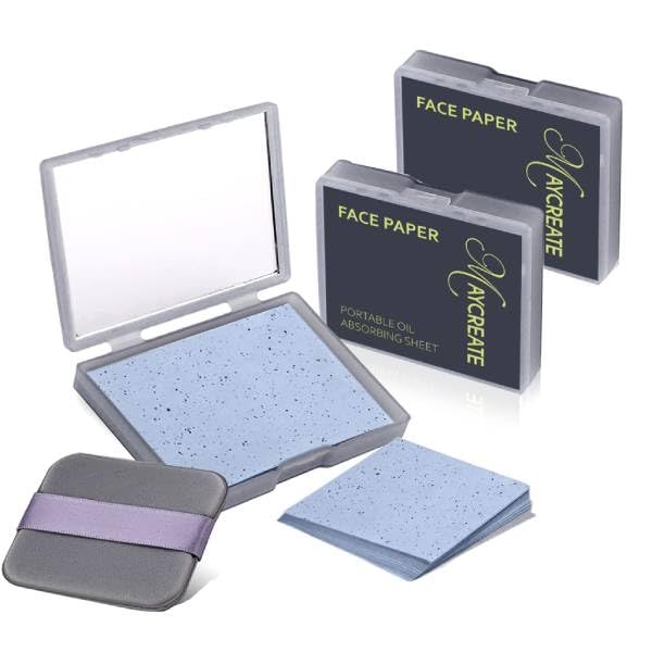 MAYCREATE® 2Pcs 100 Oil Blotting Paper for Oily Skin, Natural Linen Absorbing Sheets with Built-in Mirror & Puff, Portable Case for Face, Nose, Men & Women, Makeup Friendly, Shine Control