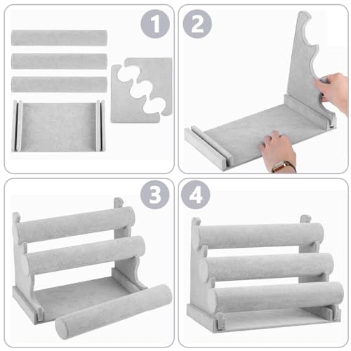 MAYCREATE® Bracelet Holder Organizer 3-Tier Jewelry Display Stand for Watch Bangle Detachable Velvet Desk Storage Showcase Rack Grey 2PCS
