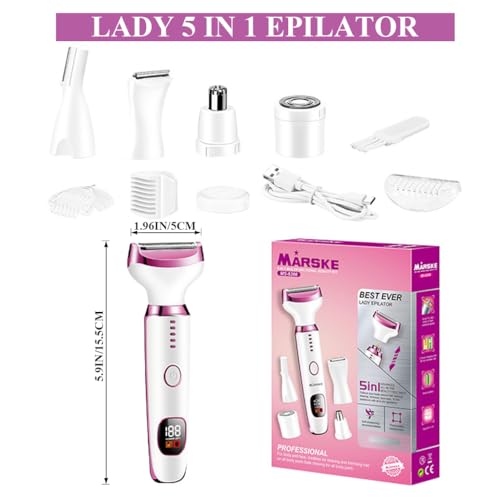 MAYCREATE® Electric Razor Shavers for Women 5 in 1 USB Hair Shaver with 5 Attachments Heads, Rechargeable Wet & Dry Use LCD Bikini Trimmer, Painless Hair Trimmer for Private Area, Arm & Legs