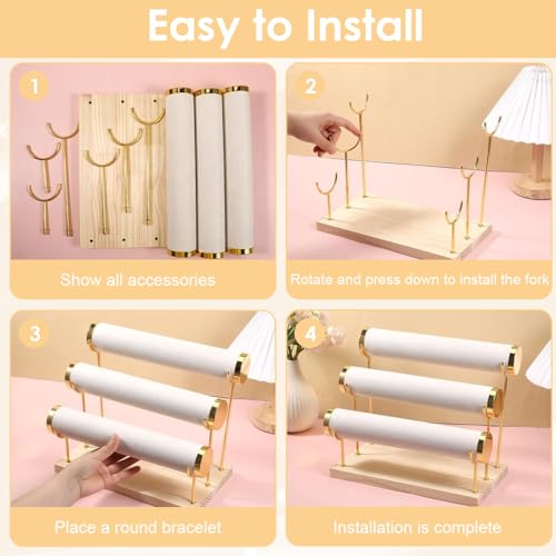 MAYCREATE® Metal Bracelet Display Rack with Wooden Base, Bracelet Holder Organizer for Watch Bangle, 3-Tier Showcase Rack Boutique Shop Bracelets Display Holder