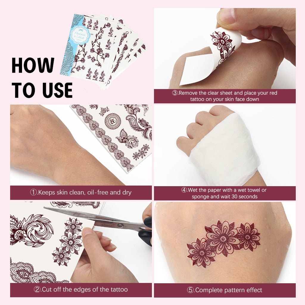 MAYCREATE 6 Sheet Henna Tattoo Stickers Assorted Floral Henna Patterns Tattoo Stickers Waterproof Henna Tattoo Stickers for Arm, Hands, Feet Temporary Henna Tattoos Stickers