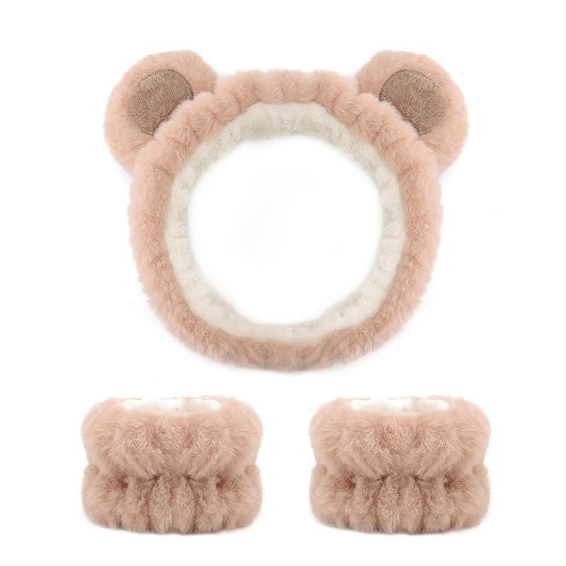 MAYCREATE Skincare Headband for Women with Wrist Bands 3pcs Set featuring Cute Bear Ears | Soft Microfiber for Face Wash and Spa Routine