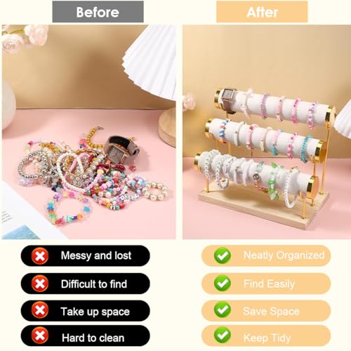 MAYCREATE® Metal Bracelet Display Rack with Wooden Base, Bracelet Holder Organizer for Watch Bangle, 3-Tier Showcase Rack Boutique Shop Bracelets Display Holder