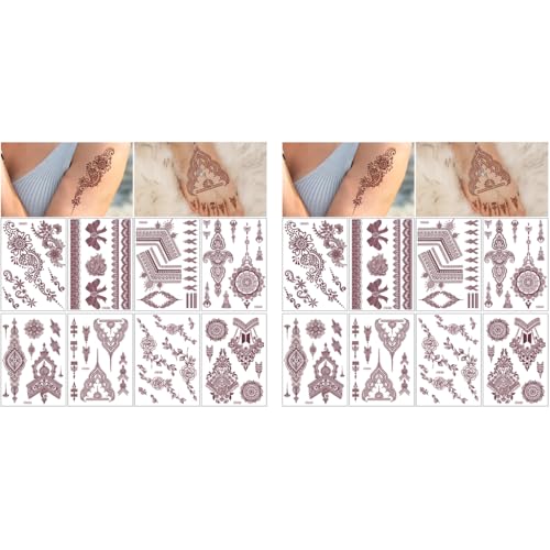 MAYCREATE® Henna Temporary Tattoo Sticker for Women Girls 8 Sheet Fake Tattoos Mandala Floral Patterns Stickers for Neck Chest Arms Hands Feet Waterproof Brown 16 PCS