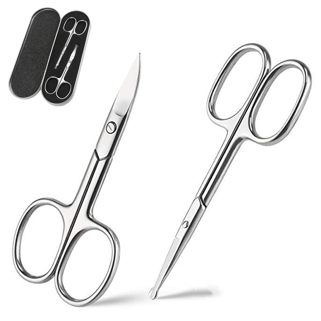 MAYCREATE Nose Scissors Set for Beard and Moustache Trimming with Bent and Round Tips | 2pcs Stainless Steel Silver Grooming Kit
