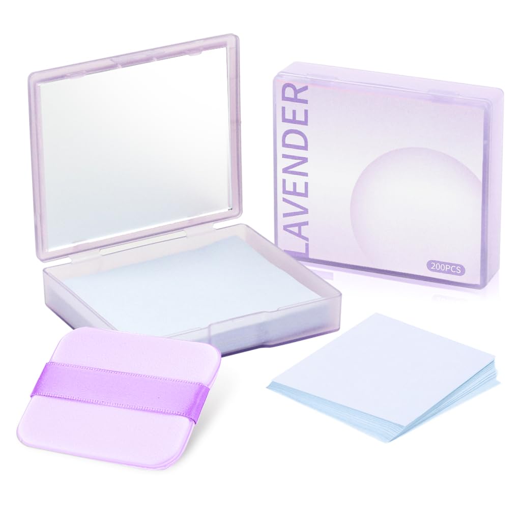 MAYCREATE® 200Pcs Blotting Paper for Oily Face, Lavender Oil Absorbing Sheets for Face, Natural Oil Absorbing Paper for Face, Travel Compact Face Wipes for Oily Skin, with Mirror & Puff for Men Women