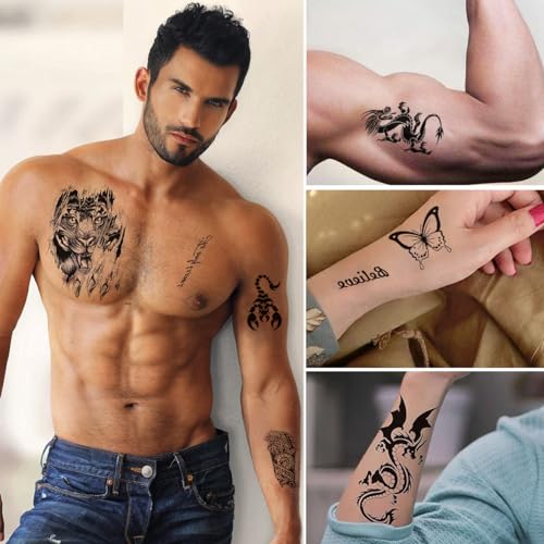 MAYCREATE® 36 Sheet Temporary Tattoo for Men Waterproof, Large Forearm Tattoo for Men Women, Tattoo Sticker for Arm Legs, Half Arm Band Tattoo, Fake Black Tattoos for Party Perform Makeup