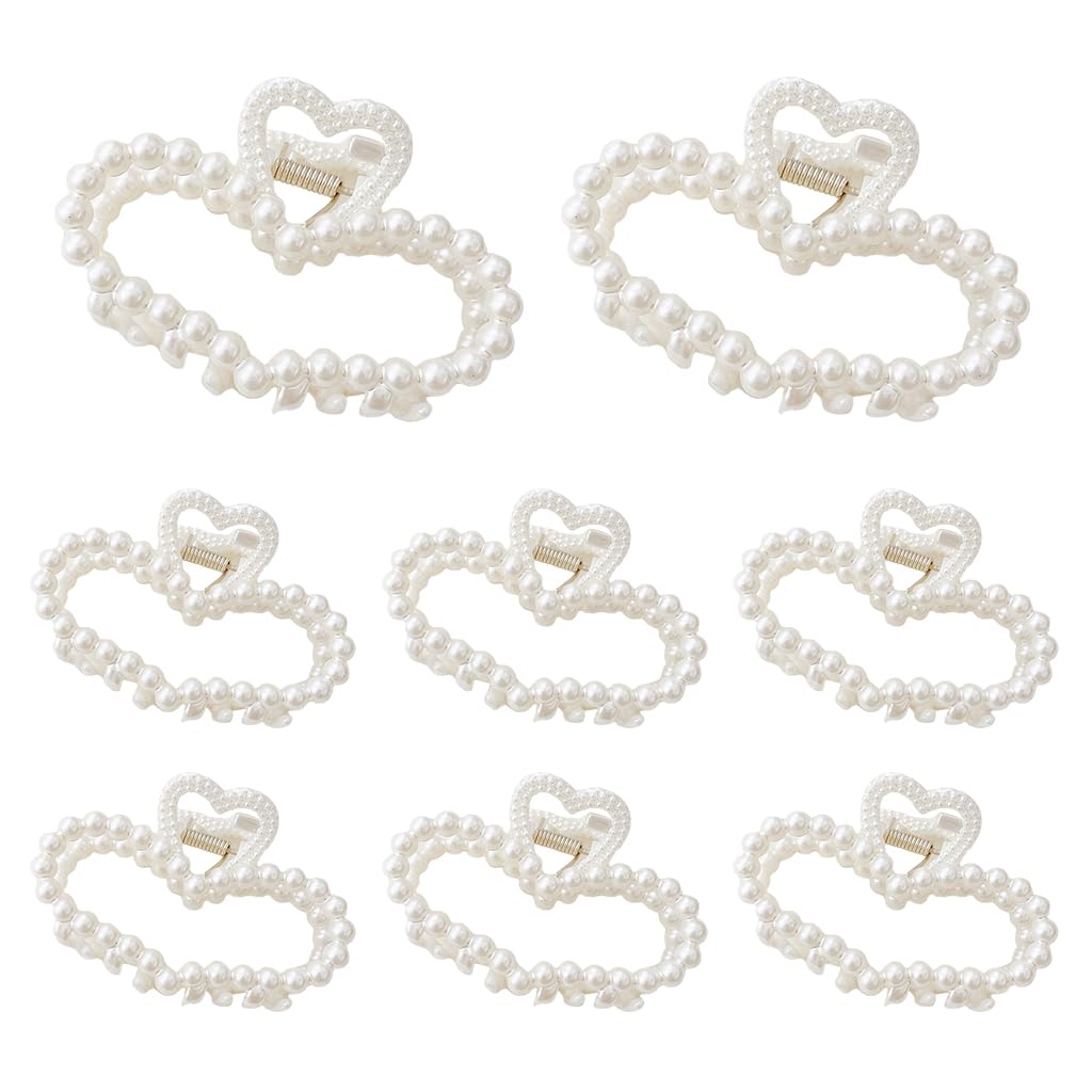 MAYCREATE Pearl Hair Claw Clips for Women with Non Slip Grip and Acrylic Heart Design | 8 Pcs Gift Set