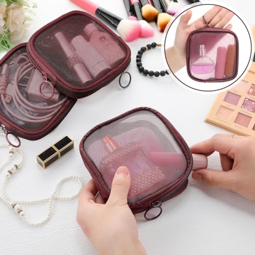 MAYCREATE® 8PCS Mesh Pouches for Women, Makeup Small Pouch, Zipper Cosmetic Bags for Women 4.7'' Square Fashion Lipstick Pouch, Mini Cash Toiletry Organizer Bag for Daily Accessories - Wine Red
