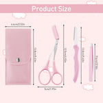MAYCREATE Eyebrow Trimming Kit 3Pcs for Shaping and Hair Removal with Folding Razor | Pink Stainless Steel Tools in PU Leather Case
