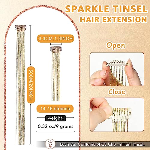 MAYCREATE® 18PCS Hair Tinsel Extensions Brown Glitter Strands 20.5 Inch Clip-on Shiny Extension Heat Resistant Fairy Kit for Women Girls Halloween Cosplay Party