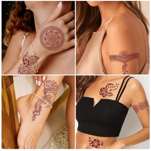 MAYCREATE® Tattoo Sticker 18 Sheets Mandala Temporary Tattoo for Women Girls Brown Lotus Flower Arm Band Tattoo Waterproof Henna Tattoo Stickers for Hands, Body, Arm, Feet