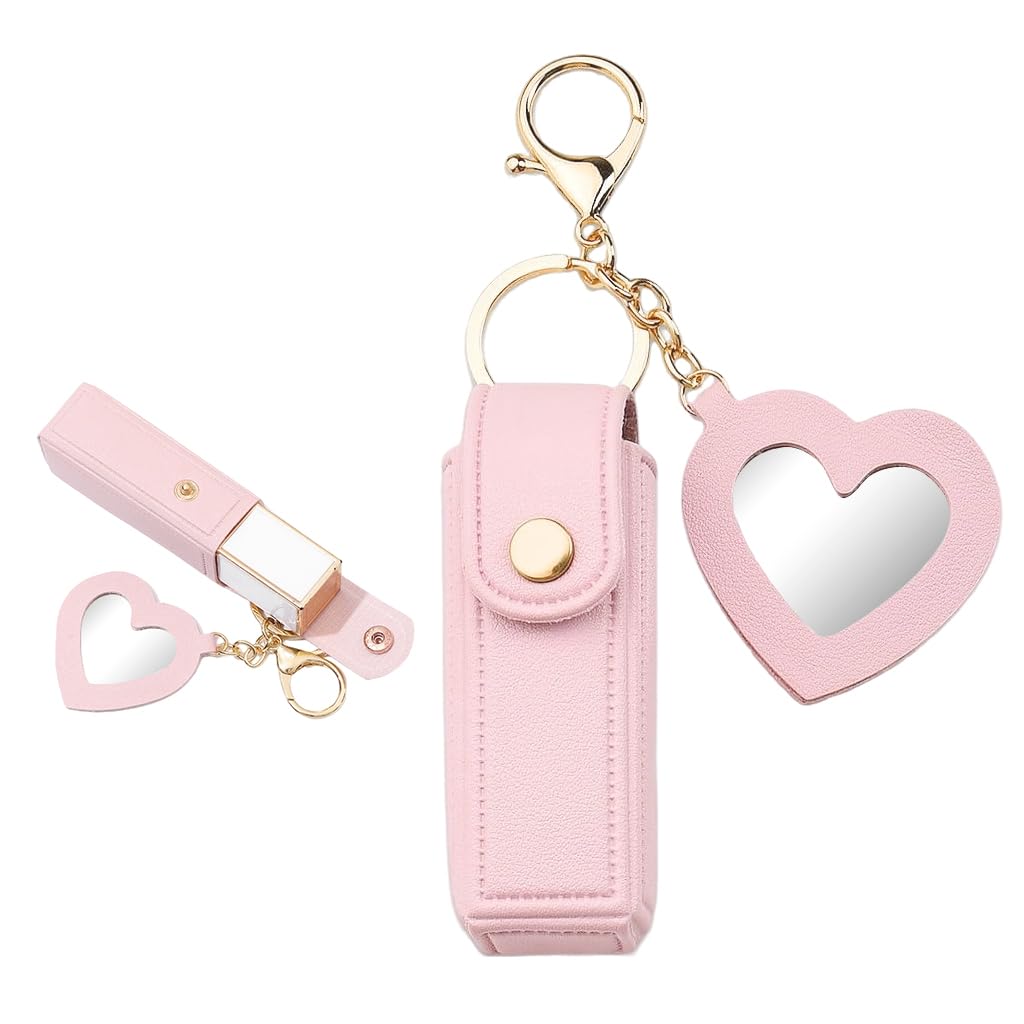 MAYCREATE Lipstick Holder Keychain for Travel with Heart Shape Mirror and Pink PU Case | Gift for Women