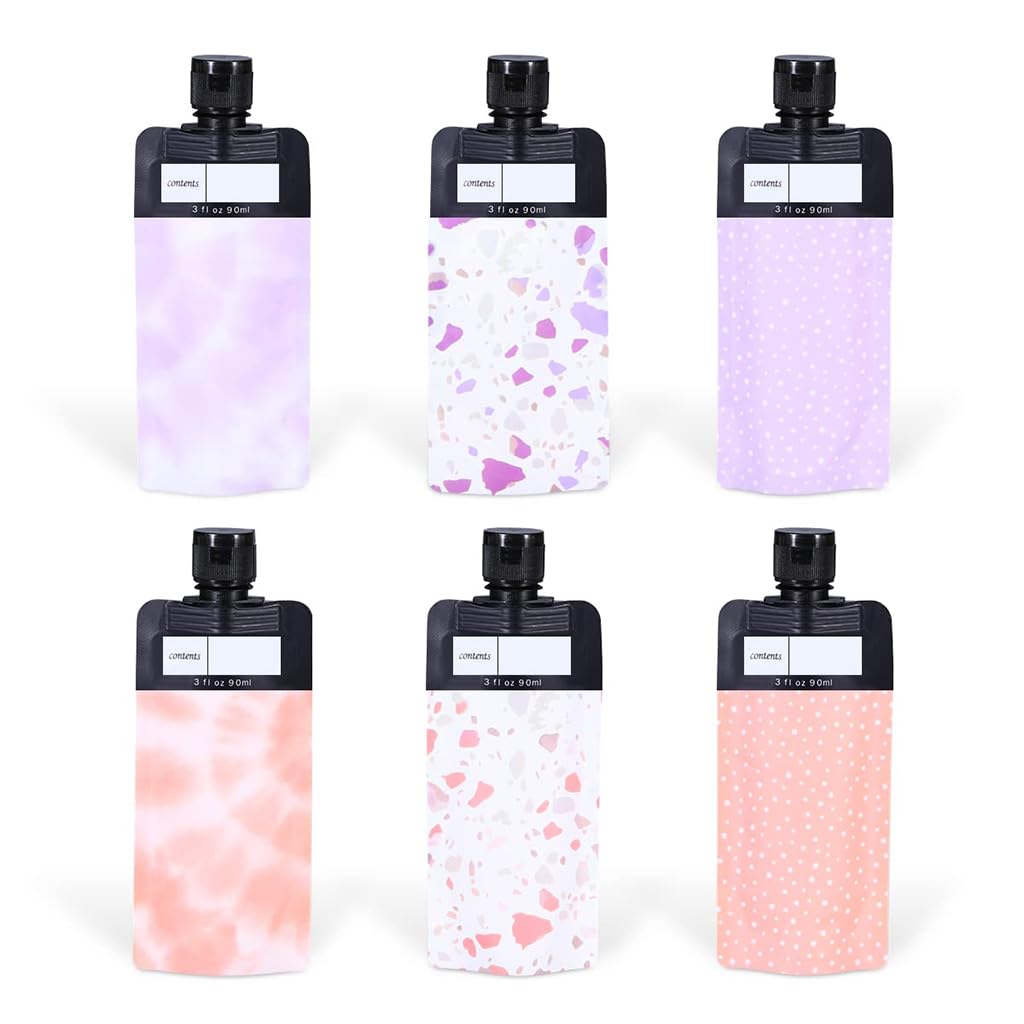 MAYCREATE® 6Pcs Travel Bottles for Toiletries, Travel Pouches for Liquids, 90ml Lotion Dispenser Leak Proof Refillable Travel Container Squeeze Pouches for Shampoo Cream Essential Oil