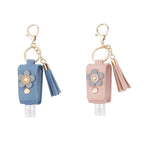 MAYCREATE® 2Pcs PU Sleeve Holder for 30ml Hand Sanitizer Bottle, with Keyring & Lobster Clasp, Floral Charm Hand Sanitizer Bottle Wrap Holder with Tassle Accent, Snap Button Closure