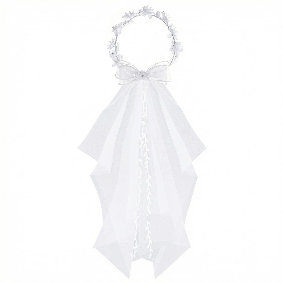 MAYCREATE® Girls First Communion Veil White Bowknot Pearls Crystal Rhinestone Floral Veil Holy Communion Flower Crown for Party-White