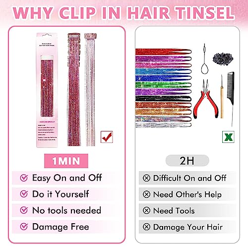 MAYCREATE® 18PCS Hair Tinsel Clip-in Glitter Extensions for Women 20.5in Pink Shiny Strands Heat Resistant Fairy Sparkle Accessories Girls Kids Festival Cosplay Party Gift