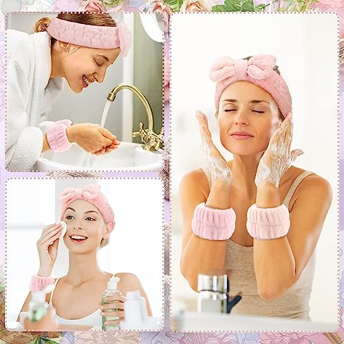 MAYCREATE® Face Wash Headband & Wristband Set, Soft Stretchy Bowknot Headband for Women Girls, Flannel Super Absorbent Sweat Wrist Towel Band for Washing Face, Makeup, Yoga, Fitness (Pink) 3 PCS