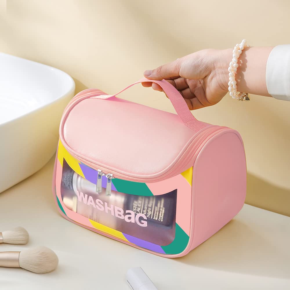 MAYCREATE Travel Cosmetic Bag for Women with Dual Zipper and Mesh Pouch, Pink 22.5×16.5×15.2cm | Waterproof PVC Makeup Organizer