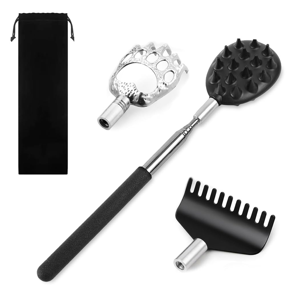 MAYCREATE® 3 in 1 Back Scratcher 7.48-24.8 inches Telescopic Back Scratcher with 3 Interchangeable Scratcher Heads Back Massager Scratcher Acupoint Massager Claw-end Rake-end Back Scratcher