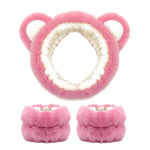 MAYCREATE® Skincare Headband for Women & Wrist Band for Face Wash 3pcs Combo, Cute Facial Makeup Hair Band and Wrist Bands Towel, Bear Ears Face Wash Spa Headband for Women Girls - Pink