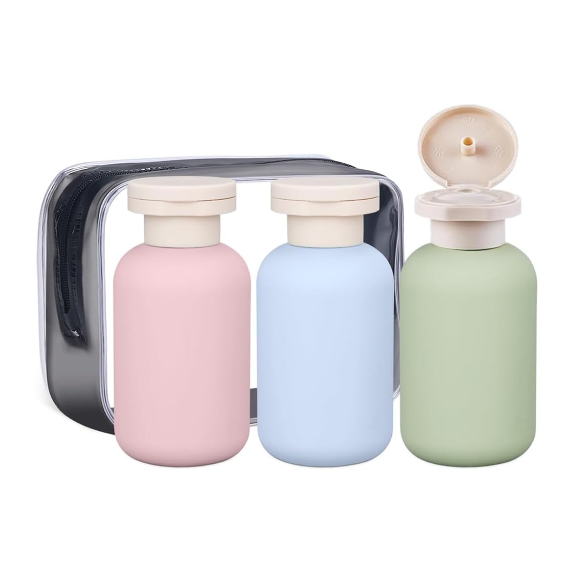 MAYCREATE® 3Pcs Flip-up Travel Bottles 100ML Travel Bottle Kit for Toiletries Dispenser with Storage Zipper Bag, Leaking Proof & Reusable, Fashion 3-Color Toiletry Bottles for Lotion Cream Shampoo