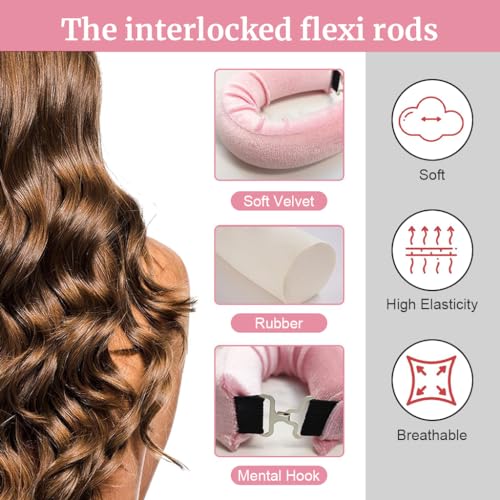 MAYCREATE® 9PCS Heatless Hair Curler, Soft Heatless Curls Satin Velvet Overnight Flexi Blowout Rods with with Hook, No Heat Overnight Sleeping Curling for Hair Styling Tools, Pink
