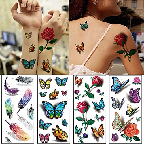 MAYCREATE® 40 Sheets Waterproof Temporary Tattoos Sticker for Women Color Flowers Roses Butterflies Assorted Tattoo for Arm 120 PCS