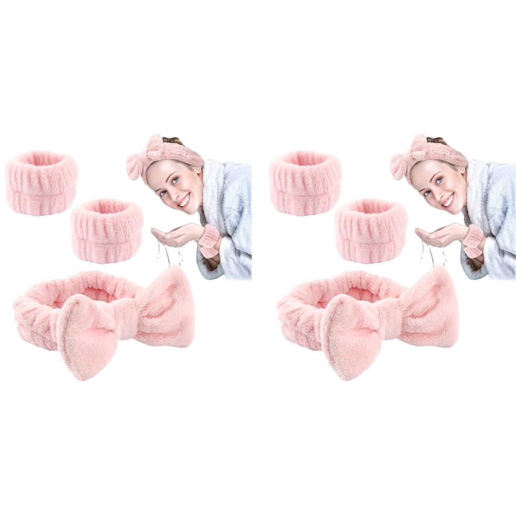 MAYCREATE Face Wash Headband Set for Spa and Makeup with Bowknot Flannel | Pink 2 PCS