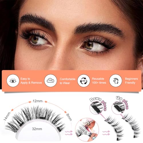 MAYCREATE® 1Pair Magnetic Eyelashes Natural Look Reusable Cat Eye Lashes with Applicator Kit without Eyeliner Wispy Clear Band False No Glue Needed 2 PCS