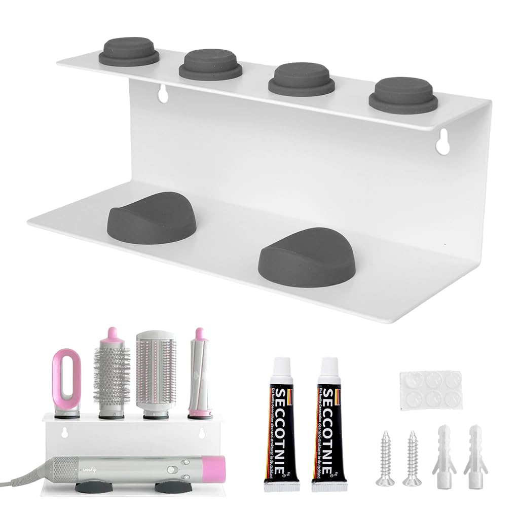 MAYCREATE Curling Iron Holder for Dyson Airwrap with Double Layer Storage and Anti Slip Nubs | Wall Mounted White Organizer