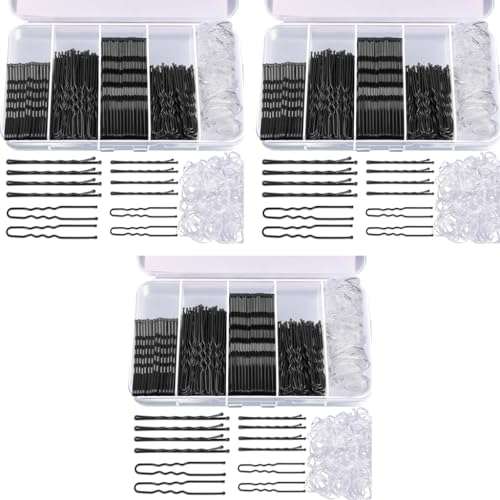 MAYCREATE® 300PCS Bobby Pins Hair U Pins with Mini Rubber Ties Stylish Metal for Updos Holding Stray Strands Accessories for Girls Women Black
