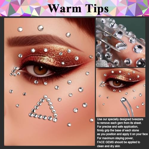 MAYCREATE® 4 Sheet Face Gems Rhinestones Pearl Stickers Kit for Makeup with Tweezer Self-Adhesive Glitter Color Festival Jewels Hair Crafts Nail Art Clothes Making 2 PCS