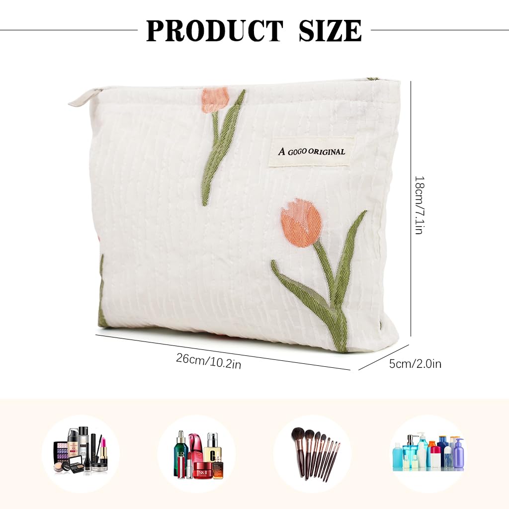 MAYCREATE Tulips Makeup Pouch Bag for Travel with Smooth Zipper Closure and 26x19cm Capacity | Textured Polyester Organizer for Women