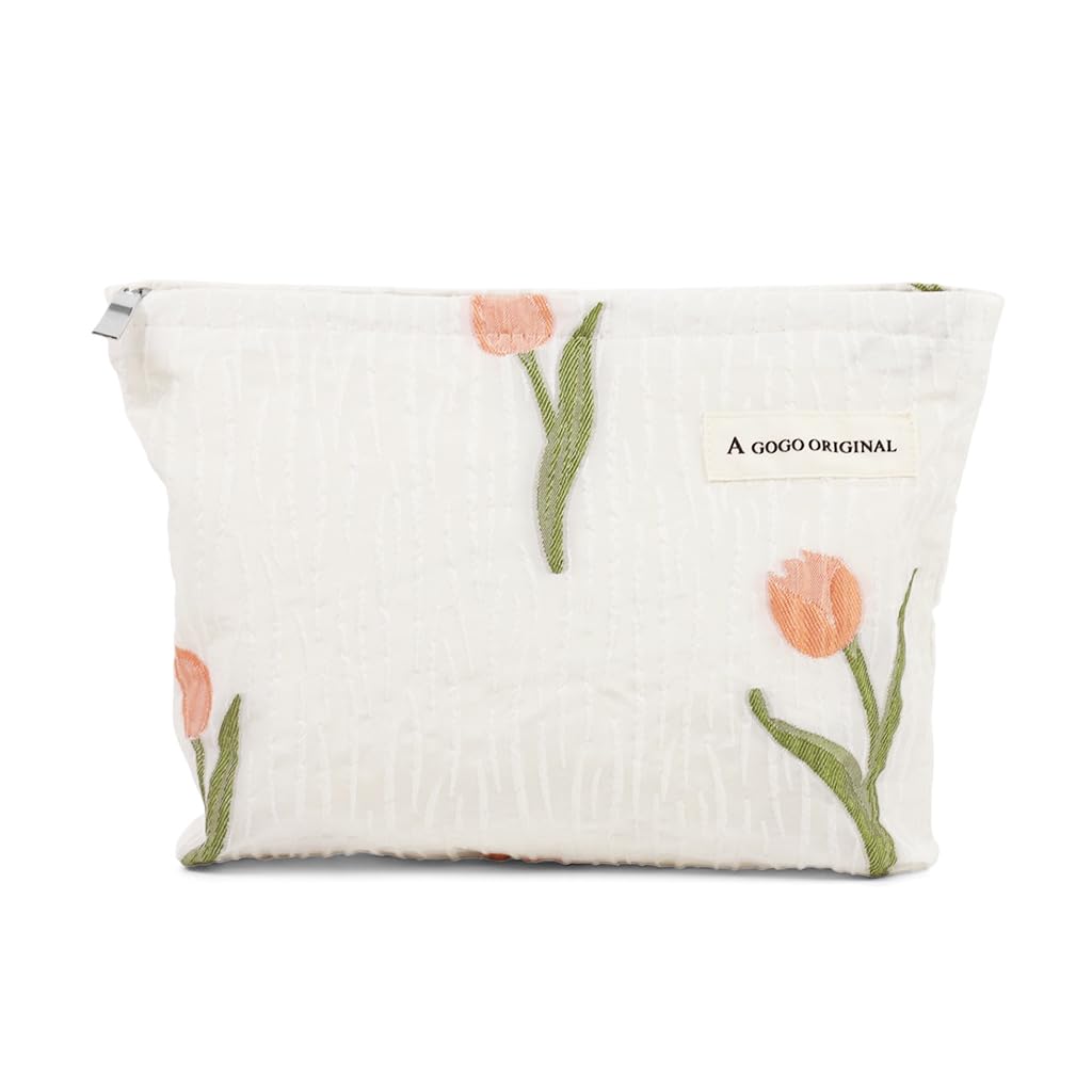 MAYCREATE Tulips Makeup Pouch Bag for Travel with Smooth Zipper Closure and 26x19cm Capacity | Textured Polyester Organizer for Women