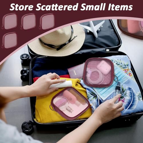 MAYCREATE® 8PCS Mesh Pouches for Women, Makeup Small Pouch, Zipper Cosmetic Bags for Women 4.7'' Square Fashion Lipstick Pouch, Mini Cash Toiletry Organizer Bag for Daily Accessories - Wine Red