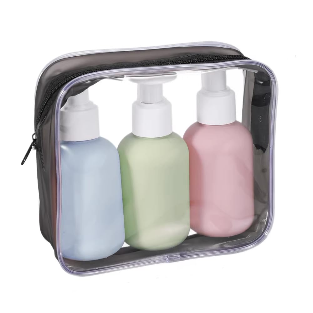 MAYCREATE® 3Pcs Travel Pump Bottles Set 100ml with Safety Lock, Hand Pump Bottles, Leakproof Refillable Containers with TSA Approved Clear Toiletry Bag
