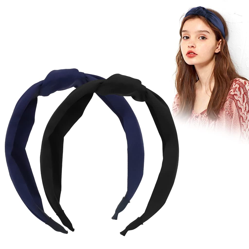 MAYCREATE® Black and Dark Blue 2 Pcs Knot Bow Buckle Up Hairband for Girls and for Women,Solid Color Fashion Headbands Non slip Hair Accessories