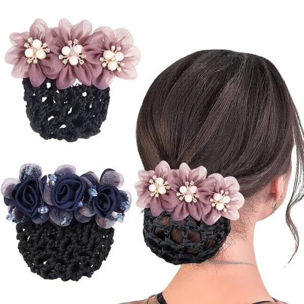 MAYCREATE® 2pcs Hair Bun Accessories for Women, Flower Hair Snood Net, Stylish Pearl Mesh Bun Maker for Hair, Hair Bun Cover Hairnet for Daily, Work, Dancer