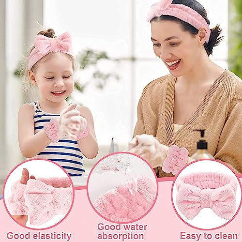 MAYCREATE® Face Wash Headband & Wristband Set, Soft Stretchy Bowknot Headband for Women Girls, Flannel Super Absorbent Sweat Wrist Towel Band for Washing Face, Makeup, Yoga, Fitness (Pink) 2 PCS