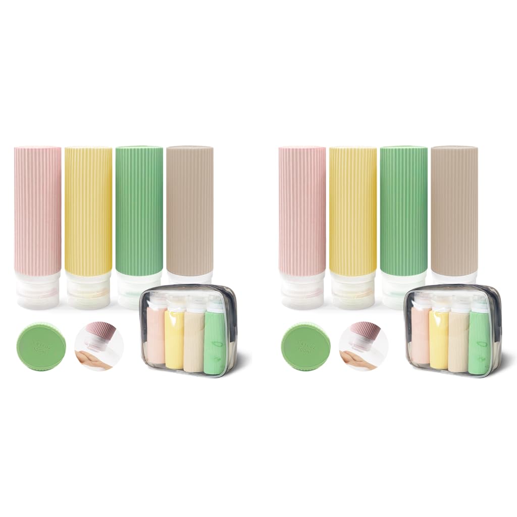 MAYCREATE Travel Bottles Kit for Toiletries with 8pcs 3oz Squeezable Silicone Bottles | Leakproof Refillable Set