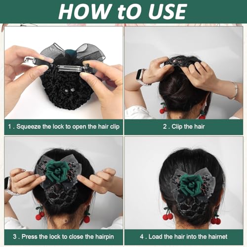 MAYCREATE® Barrette Hair Bun Nets Flower Naker Accessories for Women Green Floral Snood Net Spring Clip Dancer Nurse Work Daily 2PCS
