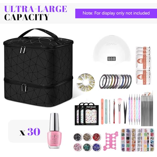 MAYCREATE® Travel Nail Polish Organizer Bag Large Capacity Double Layer Zipper Makeup for 30 Bottles Portable Art Tool Case with Handle Multi Pouches Cosmetic Storage 2 PCS