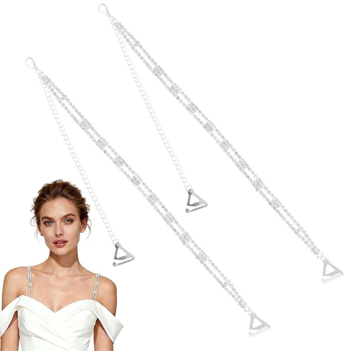 MAYCREATE® Rhinestone bra shoulder strap replacement, 42cm 16.5in metal non-slip triangle hook compatible with evening dress off shoulder party club outfits with sparkling rhinestone design style