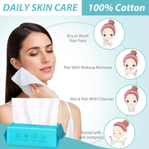 MAYCREATE® Disposable Towels, 144 Count Soft 100% Cotton Facial Dry Wipes, Multi-Purpose Tissue for Face Skin Care, Makeup Remover, Baby Care, House Cleaning, Gentle Face Towels